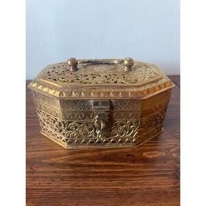 Vintage Brass Octagon Trinket Box - Ornate  Mughal Jewelry or Trinket Box